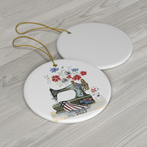 Sewing In America Ceramic Round Ornament