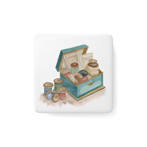 Antique Sewing Box -  Porcelain Magnet, Square