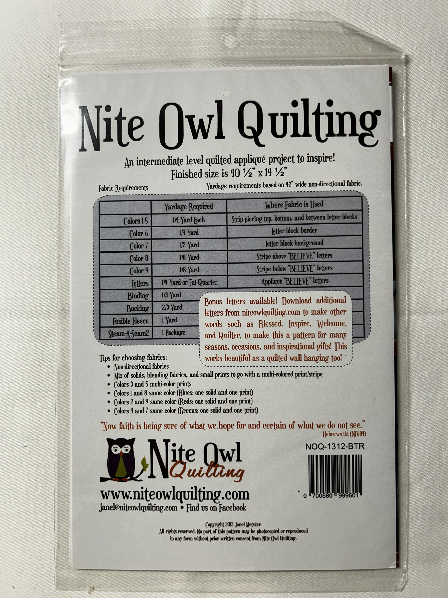 Nite Owl Quilting - Believe Table Runner